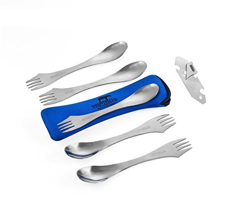 Product Cover Tapirus 5 Spork of Steel Utensils Set - Durable and Rust Proof Stainless Steel - Spoon, Fork and Knife Flatware Kit for Camping, Fishing, and Outdoor Activities with Bottle Opener and Carrying Case