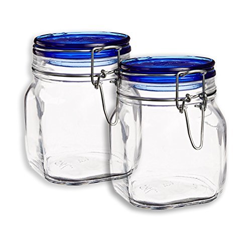 Product Cover Set OF 2 Bormioli Rocco Fido Square Jars With Blue Bail And Trigger Lids, 25-1/4-ounce