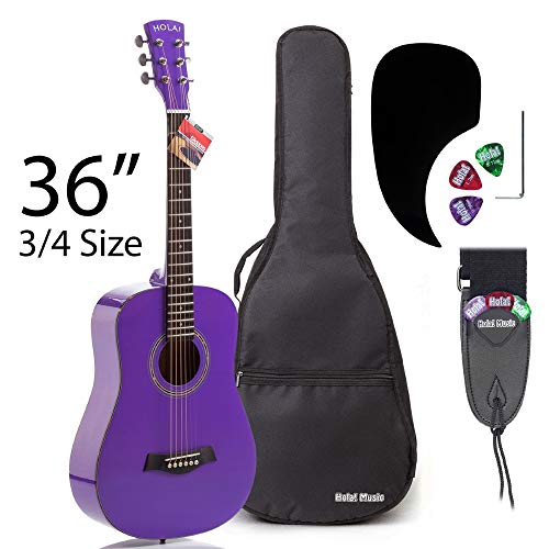 Product Cover 3/4 Size (36 Inch) Acoustic Guitar Bundle Junior/Travel Series by Hola! Music with D'Addario EXP16 Steel Strings, Padded Gig Bag, Guitar Strap and Picks, Model HG-36PP, Glossy Purple