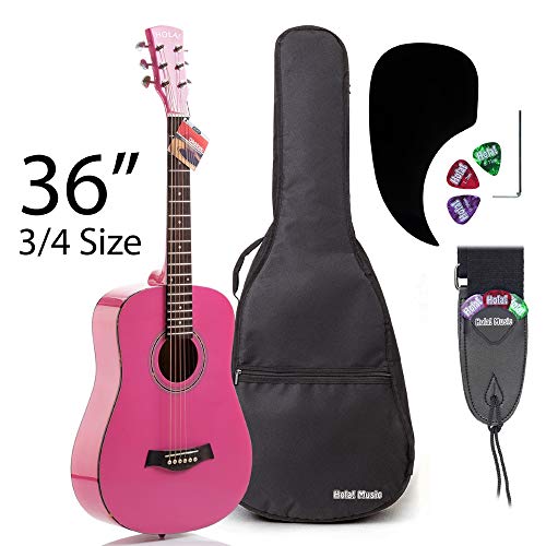 Product Cover 3/4 Size (36 Inch) Acoustic Guitar Bundle Junior/Travel Series by Hola! Music with D'Addario EXP16 Steel Strings, Padded Gig Bag, Guitar Strap and Picks, Model HG-36PK, Glossy Pink