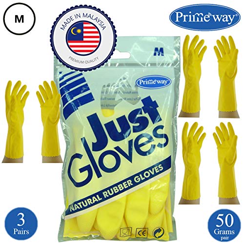 Product Cover Primeway Rubberex Flocklined Rubber Hand Gloves, Medium, Set of 3 Pairs (Yellow)