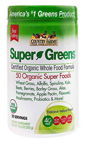 Product Cover Country Farms Super Greens Natural flavor, 50 Organic Super Foods, USDA Organic 20 servings Drink Mix Net WT 10.6 oz