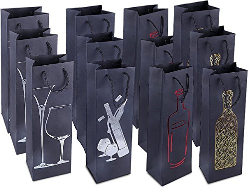 Product Cover Wine Gift Bags - 12-Pack Premium Wine Bottle Bags - Spirits, Liquor, Champagne Gift Bags with Handles for Anniversary, Birthday, Housewarming, Dinner Party - 4 Foiled Design, 4.7 x 3.7 x 15.5 Inches