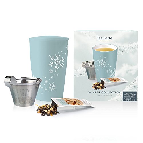 Product Cover Tea Forte Loose Tea Starter Set, Set with Kati Cup Infuser Steeping Cup and Box of 10 Single Steeps Assorted Variety Tea Pouches, Blue Snowflake