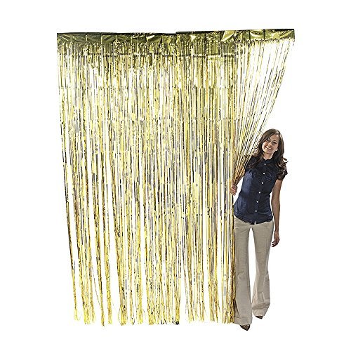 Product Cover Metallic Gold Foil Fringe Shiny Curtains for Party, Prom, Birthday, Event Decorations 3 foot x 8 foot (1 Curtain)
