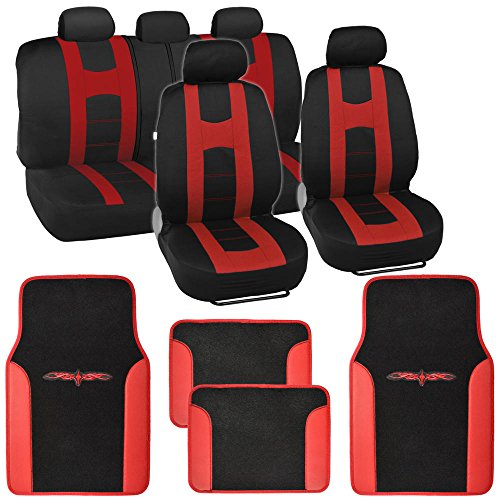 Product Cover BDK Sport Series Rome Sport Black/Red Stripe Seat Covers w/Split Bench & Vinyl Trim Carpet Mats Full Set