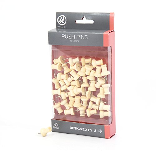 Product Cover U Brands Push Pins, Natural Wood Head, Steel Point, 40-Count