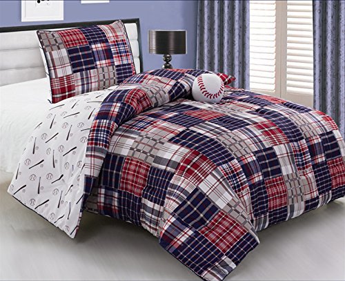 Product Cover 3 Piece Baseball Sports Theme Plaid Red, White and Blue Comforter Set Twin Size Bedding. Works well in your bedroom, Master Room, Boys, Girls, Guest Room and College Dormitory, Great Gift Idea.
