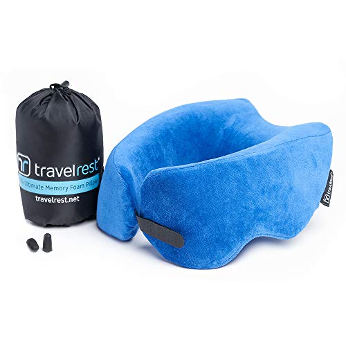 Product Cover Travelrest Ultimate Memory Foam Travel Pillow/Neck Pillow - Therapeutic, Ergonomic & Patented - Washable Cover - Most Comfortable Neck Pillow - Compresses to 1/4 of its Size (2 Year Warranty) (Blue)
