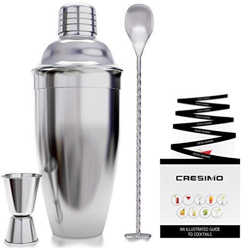 Product Cover 24 Ounce Cocktail Shaker Bar Set with Accessories - Martini Kit with Measuring Jigger and Mixing Spoon plus Drink Recipes Booklet - Professional Stainless Steel Bar Tools - Built-in Bartender Strainer