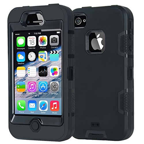 Product Cover iPhone 4 Case,Apple iPhone 4 4S Case,Shockproof Heavy Duty Combo Hybrid Defender High Impact Body Rugged Hard PC & Silicone Case Protective Cover for Apple iPhone 4 4S (Black)