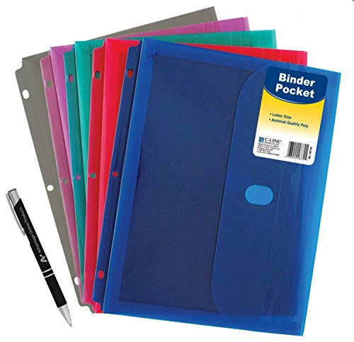Product Cover 5 Pack Poly Binder Pocket with Hook and Loop Closure, 1-Inch Gusset, Letter Size, Assorted Colors (58730) with Custom Advantage Retractable Chrome and Black Pen