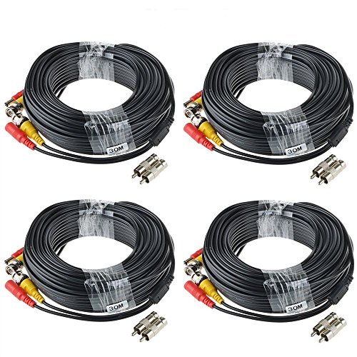 Product Cover ABLEGRID 4 Pack 100ft bnc Video Power Cable Security Camera Cable Wire Cord for CCTV dvr Surveillance System (Included 2X BNC to RCA connectors with Each Cable)