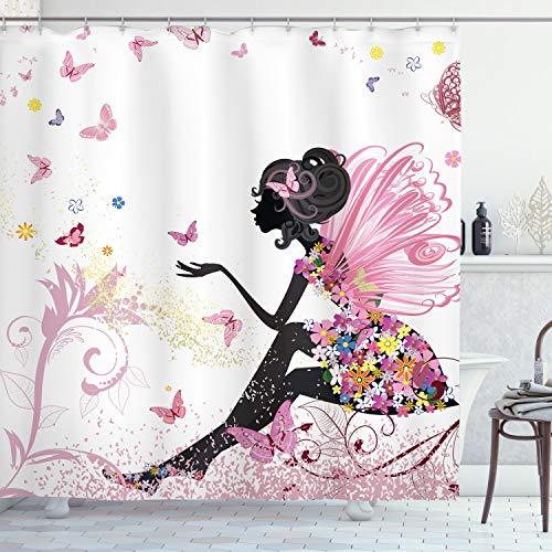 Product Cover Ambesonne Fashion Shower Curtain, Fairy Girl with Wings in a Floral Dress Fantasy Garden Flying Butterflies, Cloth Fabric Bathroom Decor Set with Hooks, 70
