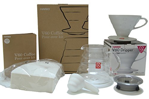 Product Cover Hario V60 Coffee Pour Over Kit Bundle Set - Comes with Ceramic Dripper, Range Server Glass Pot, Measuring Spoon, and 100 Count Package of Hario 02W Coffee Filters