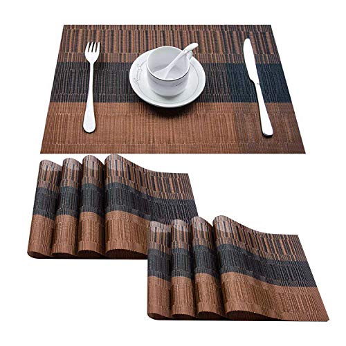 Product Cover Top Finel Placemats,Plastic Table Mats Set of 8,Heat Resistant Washable Place Mats for Dinner Table,Brown&Black