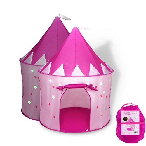 Product Cover FoxPrint Princess Castle Play Tent with Glow in The Dark Stars, Conveniently Folds in to A Carrying Case, Your Kids Will Enjoy This Foldable Pop Up Pink Play Tent/House Toy for Indoor & Outdoor Use