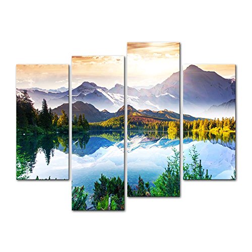 Product Cover Mountain&Lake 4 Pieces Modern Canvas Painting Wall Art The Picture for Home Decoration Fantastic Sunny Day is in Mountain Lake Beauty World Landscape Print On Canvas Giclee Artwork for Wall Decor