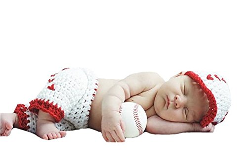 Product Cover Pinbo Newborn Baby Boys Photography Prop Crochet Baseball Hat Shorts,White with red,One Size