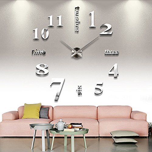 Product Cover Qpower Modern Mute DIY Large Wall Clock 3D Sticker Home Office Decor Gift (silver)