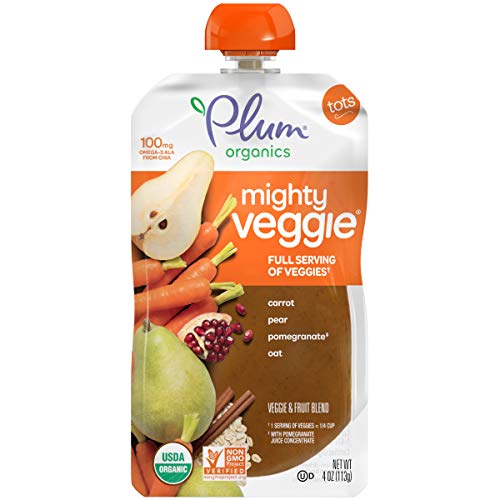 Product Cover Plum Organics Mighty Veggie, Organic Toddler Food, Carrot, Pear, Pomegranate and Oat, 4 ounce pouches (Pack of 12)
