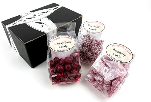 Product Cover Hermann the German Bavarian Hard Candy 3-Flavor Variety: One 5.29 oz Bag Each of Blackberry, Raspberry, and Cherry in a BlackTie Box (3 Items Total)