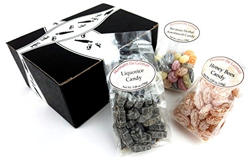 Product Cover Hermann the German Bavarian Hard Candy 3-Flavor Variety: One 5.29 oz Bag Each of Liquorice, Honey Bees, and Bavarian Herbal Assortment in a BlackTie Box (3 Items Total)