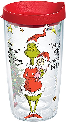 Product Cover Tervis 1164324 Dr. Seuss - Grinch Christmas Quote Tumbler with Wrap and Red Lid 16oz, Clear