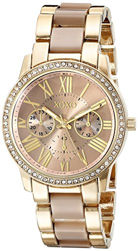 Product Cover XOXO Women's Analog Watch with Gold-Tone Case, Crystal-Inset Bezel, Fold-Over Clasp - Official XOXO Woman's Gold and Rose Gold Watch, Two-Tone Chain Link Strap - Model: XO5873