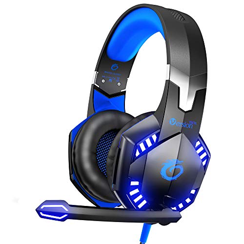 Product Cover VersionTECH. G2000 Stereo Gaming Headset for Xbox One PS4 PC, Surround Sound Over-Ear Headphones with Noise Cancelling Mic, LED Lights, Volume Control for Laptop, Nintendo NES, PSP, NS Games -Blue