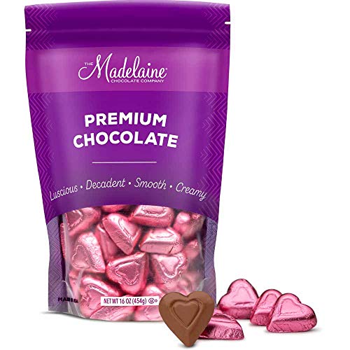 Product Cover Madelaine Solid Premium Milk Chocolate Mini Hearts - Valentines Candy - Individually Wrapped In Italian Foil (Pink Candy, 1 LB)