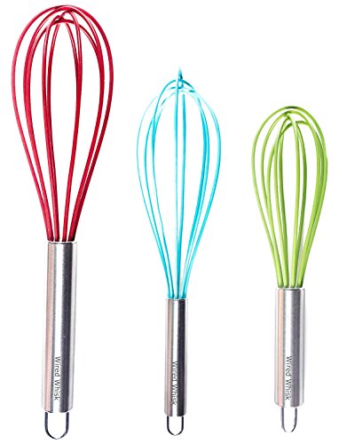 Product Cover Silicone Whisk Set of 3 - Stainless Steel & Silicone Kitchen Utensils for Blending, Whisking, Beating & Stirring - (Blue: 12-inch, Red: 10-inch & Green: 8.5-inch) (Multi)