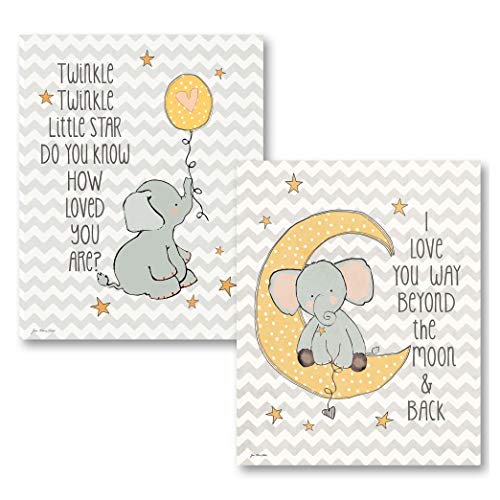 Product Cover Gango Home Décor Twinkle Love and Two the Moon on Chevron; Two 8x10in Poster Prints. Grey/White/Yellow