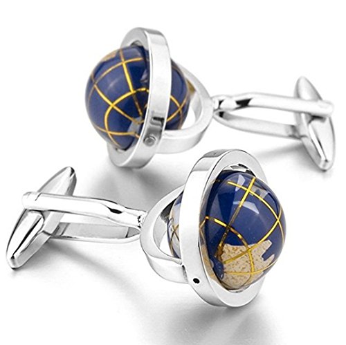Product Cover LBFEEL Really Spins Rhodium Plated Blue Globe Earth Cufflinks for Men with a Gift Box