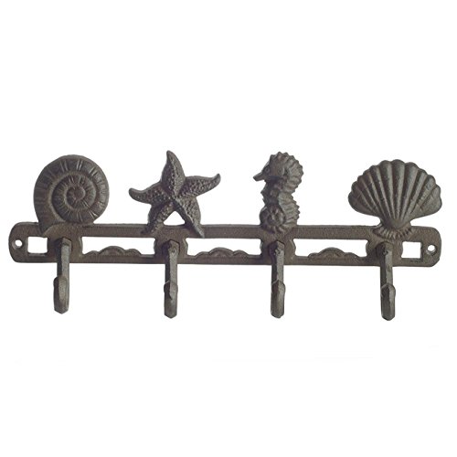Product Cover Vintage Seashell Coat Hook Hanger by Comfify | Rustic Cast Iron Wall Hanger w/ 4 Decorative Hooks | Includes Screws and Anchors | in Rust Brown | (Seashell Wall Hanger CA-1507-04)