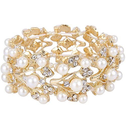 Product Cover Bella-Vouge Wedding Jewelry Crystal Rhinestone Pearl Leaf Stretch Bracelet Gold-NO.157