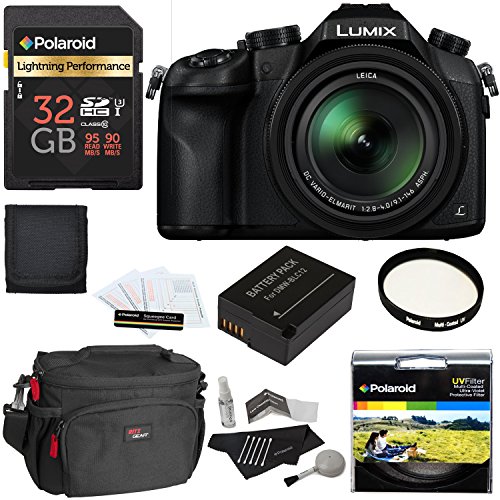 Product Cover Panasonic Lumix DMC-FZ1000 4K QFHD/HD 16X Long Zoom Digital Camera (Black) + Polaroid 32GB+ Battery + Polaroid 62mm UV Filter + Camera Bag + Cleaning Kit + Screen Protector + Wallet