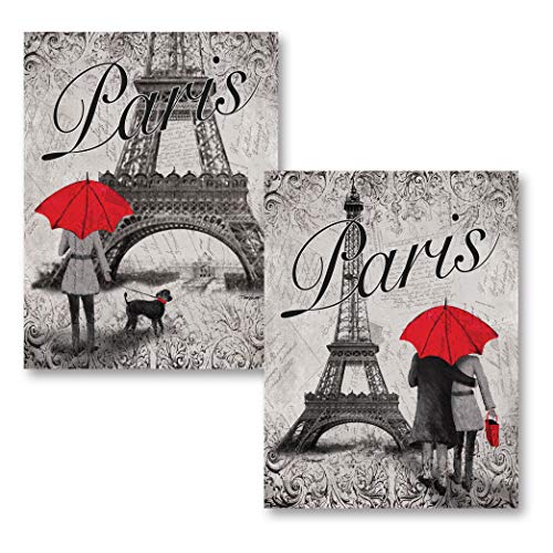 Product Cover Gango Home Decor Strolling in Paris- Two Beautiful 11 x 14 in Poster Prints Eiffel Tower and Red Umbrella Set