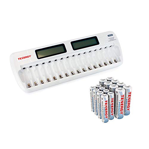 Product Cover Tenergy TN438 16-Slot Smart Battery Charger for AA AAA NiMH NiCd Batteries with LCD Display + 8 AA and 8 AAA Premium Rechargeable Batteries