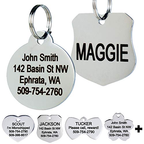 Product Cover GoTags Stainless Steel Pet ID Tags, Personalized Dog Tags and Cat Tags, up to 8 Lines of Custom Text Engraved on Both Sides, in Bone, Round, Heart, Bow Tie, Flower, Star and More (Round, Regular)