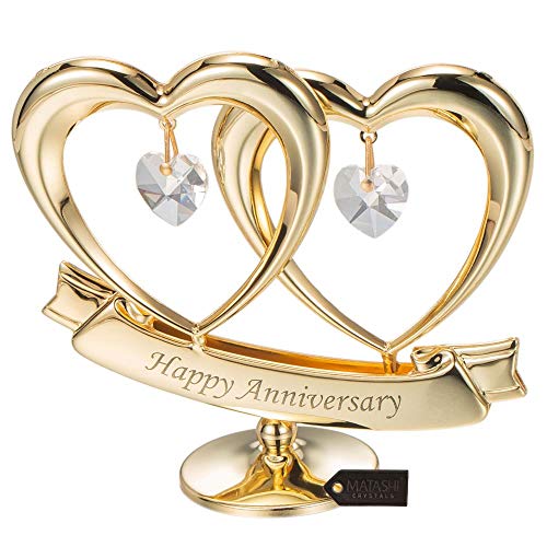 Product Cover Matashi 24K Gold Plated Happy Anniversary Double Heart Figurine Ornament with Genuine Crystals (Clear Crystal) - Great Gift for Husband Wife Mother Father, Cake Topper, Wedding Vows, Romantic Gifts