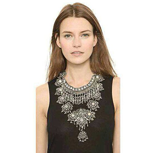 Product Cover Zhenhui Statement Necklace for Women - Fashion Silver Long Bohemian Indian Jewelry Oxidized Chunky Necklace for Women Big Bib Ethnic Costume Jewelry (1)