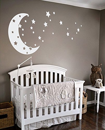 Product Cover Moon and Stars Night Sky Vinyl Wall Art Decal Sticker Design for Nursery Room DIY Mural Decoration (White, 30x65 inches)