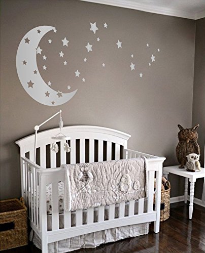 Product Cover Moon and Stars Night Sky Vinyl Wall Art Decal Sticker Design for Nursery Room DIY Mural Decoration (Silver, 30x65 inches)