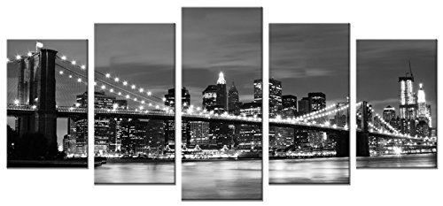 Product Cover Wieco Art Brooklyn Bridge Night View 5 Panels Modern Landscape Artwork Canvas Prints Abstract Pictures Sensation to Photo Paintings on Canvas Wall Art for Home Decorations Wall Decor