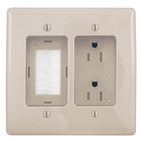 Product Cover Bryant Electric RR1512LA 2-Gang Recessed TV Connection Outlet Plate with 15 Amp 125V Tamper-Resistant Duplex Receptacle with One Pass-Thru Opening, Light Almond