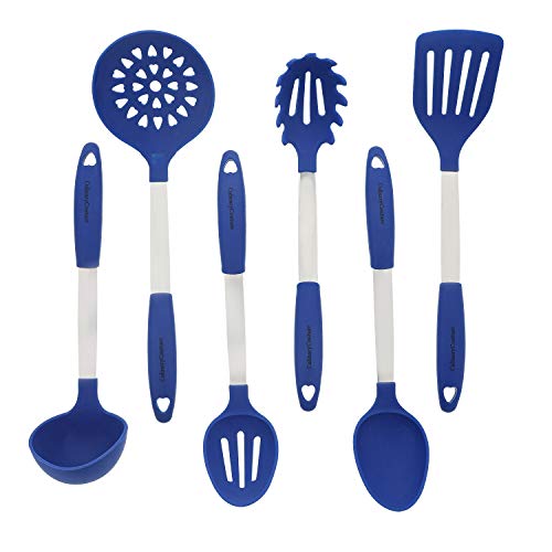 Product Cover Blue Kitchen Utensil Set - Stainless Steel & Silicone Heat Resistant Professional Cooking Tools - Spatula, Mixing & Slotted Spoon, Ladle, Pasta Fork Server, Drainer - Bonus Ebook!