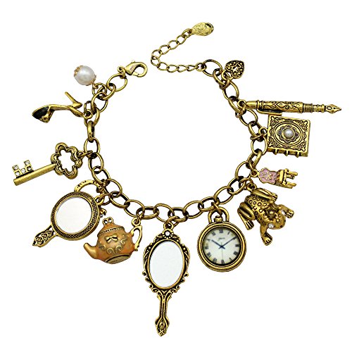Product Cover Gold Plated Q&Q Fashion Vintage Fairytale Charms Cinderella Alice in Wonderland Narnia Style Looking Glass Chain Bangle Bracelet