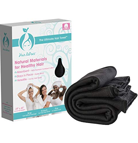 Product Cover Hair RePear Ultimate Hair Towel - Anti Frizz Absorbent Cotton Product to Enhance Your Healthy Natural Hair Perfect for Plopping Wrapping Scrunching Curly Wavy or Straight Hair - Large Black 29x45in