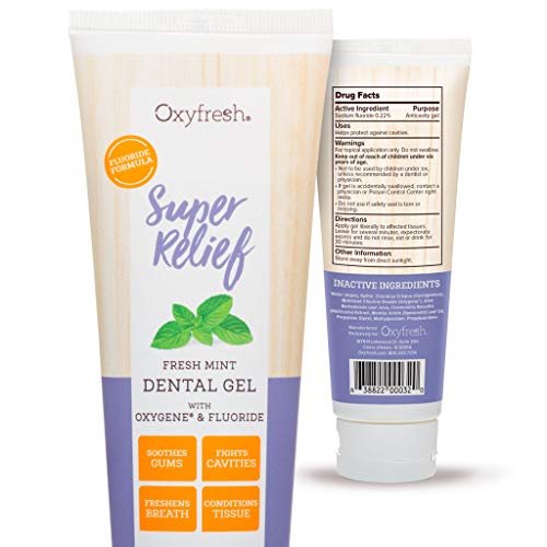 Product Cover Oxyfresh Super Relief Fluoride Dental Gel: Soothes Sensitive Gums, Promotes Healing, Sore Gums, Tooth Extraction, Oral Surgery, Braces, Dentures, Canker Sores.Cavity Protection.Dentist Recommend 4oz.